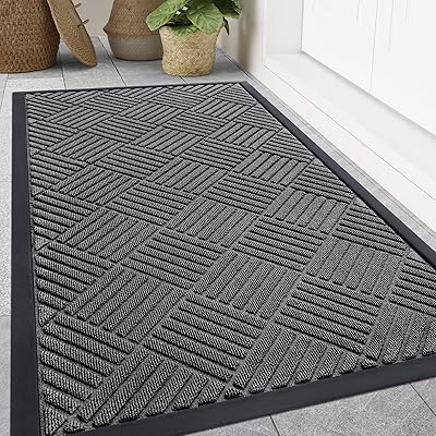 Smiry Front Door Mat Outside Entrance, Heavy Duty Outdoor Indoor Natural Rubber Doormat, Non Slip, Trap Dirt and Moisture, Easy Clean, Low Profile Patio Porch Entryway Mat, 47x32, Grey