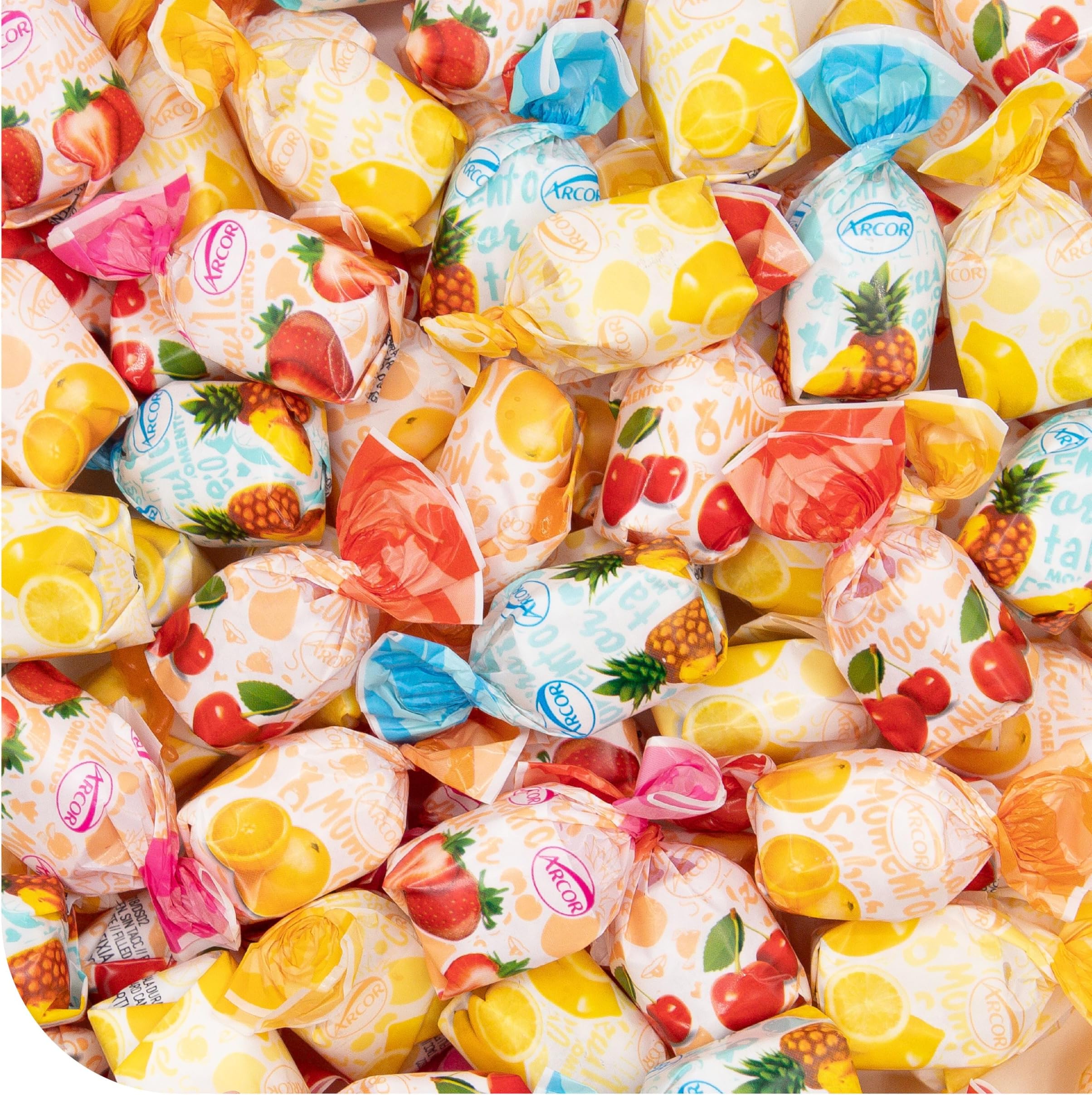 Arcor Fruit Filled Hard Candy - 2 Pound Bulk Bag - Bon Bons Candy - Individually Wrapped Assorted Fruit Candy for Office Bowls - Pineapple, Strawberry, Orange, Cherry, and Lemon
