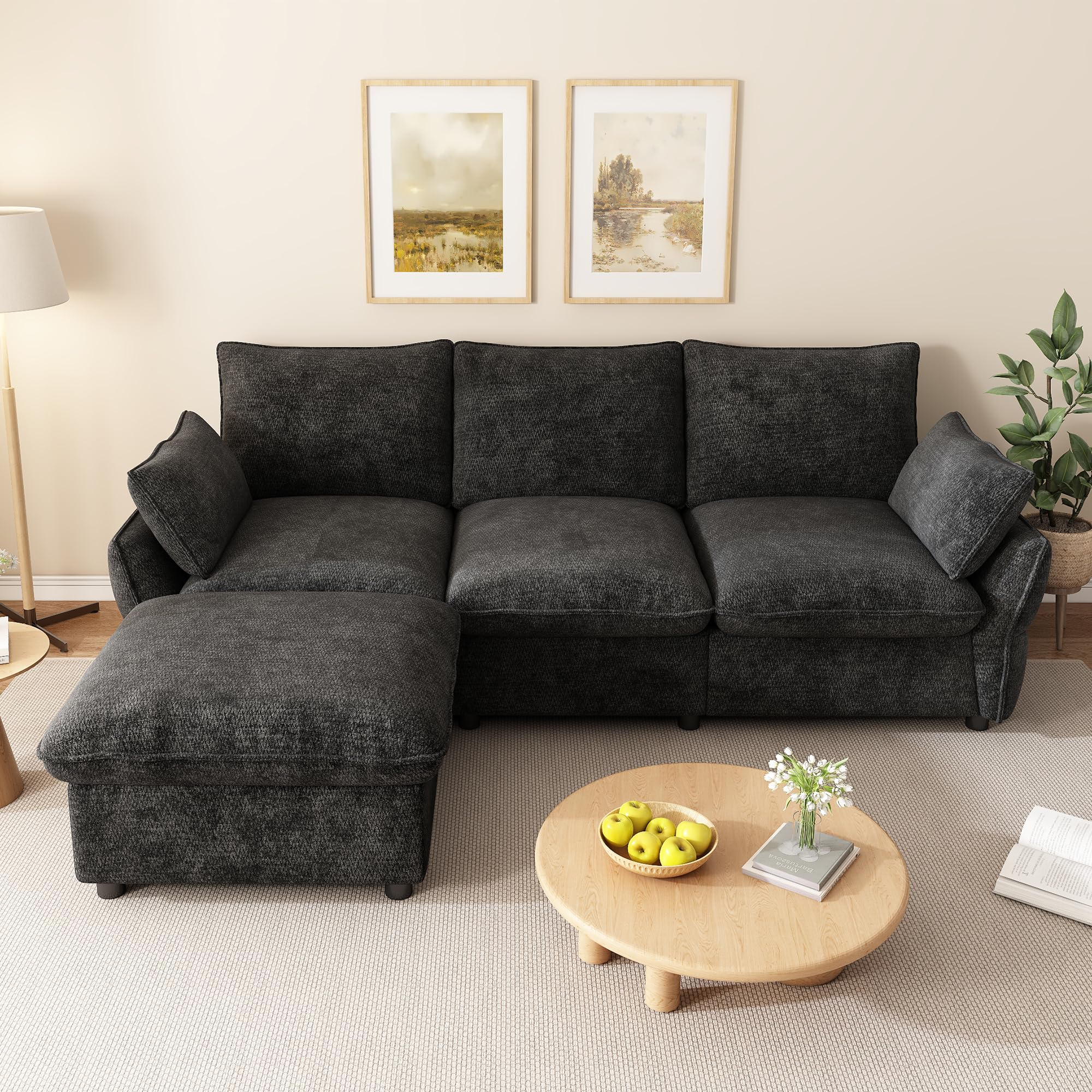 Generisch Sofa narożna ciemnoszara, 3-osobowa z taboretem, szenilowa, do salonu