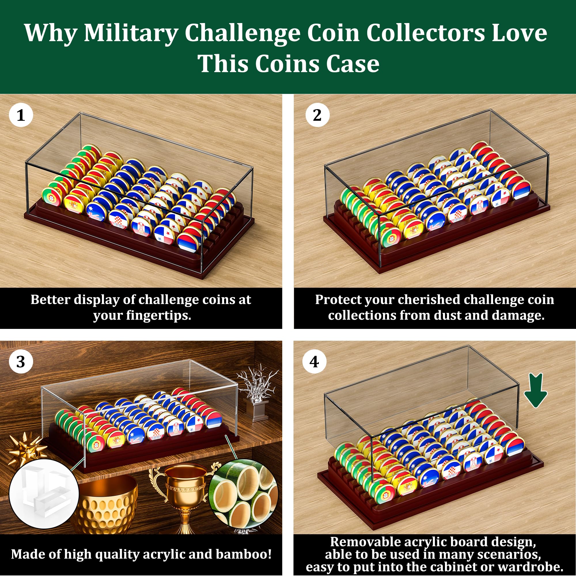 MinBoo Challenge Coin Display Case with Acrylic Cover, 8 Rows Military Challenge Coin Holder Rack, Bamboo Military Coin Display Stand Holds 56 Coins for Collectibles