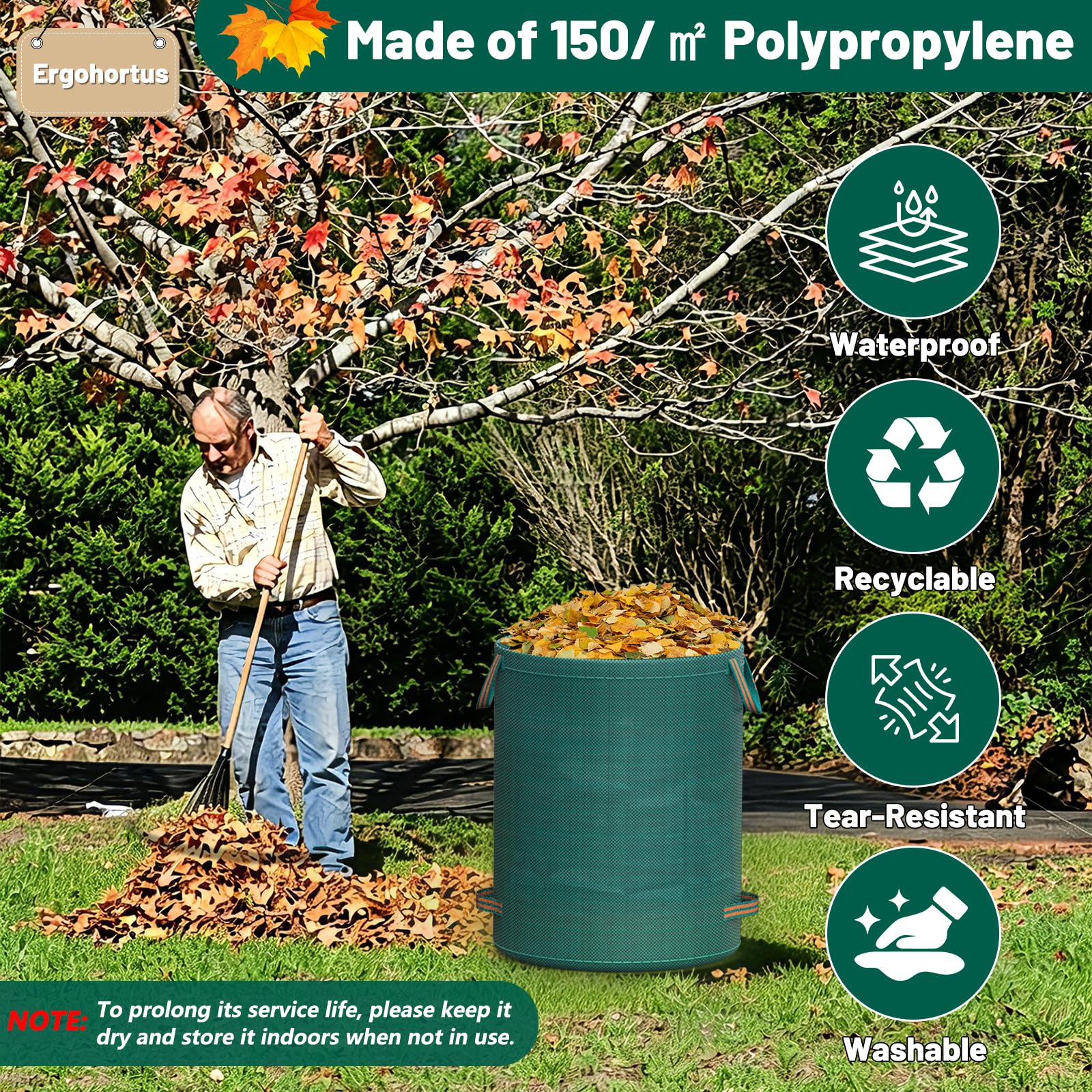 Sac Déchets Verts Résistant Ergohortus – 3x500 L Sacs à Déchets de Jardin Réutilisables avec Poignées, Sacs Végétaux de Jardin Pliables Pour Feuilles et Déchets– Sacs Poubelles de Jardin Imperméables