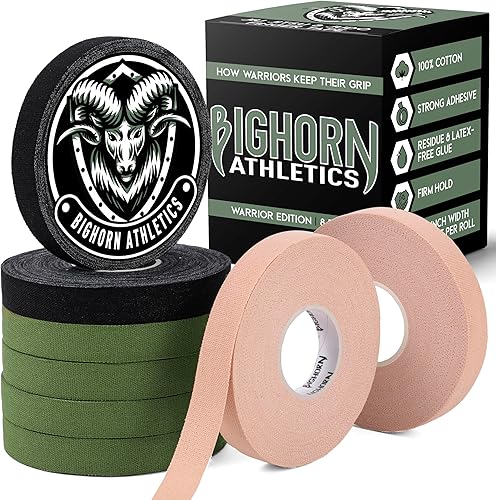 Bighorn Athletics Cinta para dedos Jiu-Jitsu y Judo, edición guerrero, 0.5 pulgadas x 45 pies, 8 rollos (verde militar, negro, desnudo), cinta