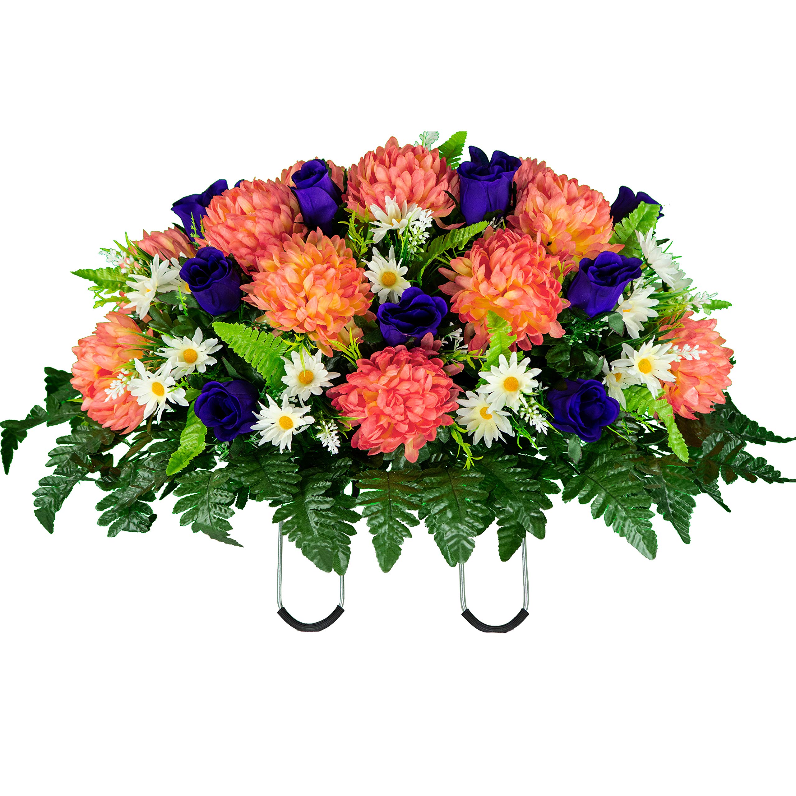 Sympathy Silks Artificial Cemetery Flowers – Realistic Vibrant Roses, Outdoor Grave Decorations - Non-Bleed Colors, and Easy Fit - 1 Salmon Pink Mum