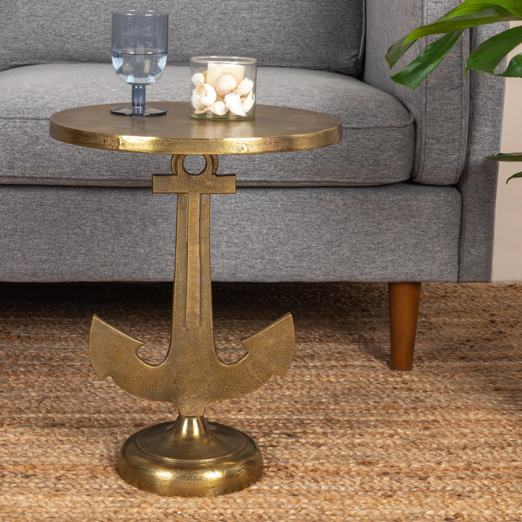Round Nautical Accent Table with Anchor Base in Cast Iron, Gold Finish