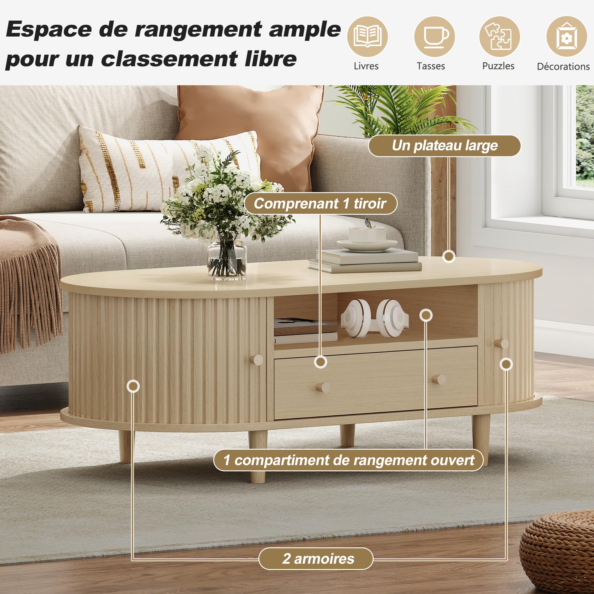 Table Basse Salon Ovale 100x50x36 cm avec Porte à roulettes et Rangement, Petite Table de Salon en Bois, Design Moderne pour Canapé et Petit Espace