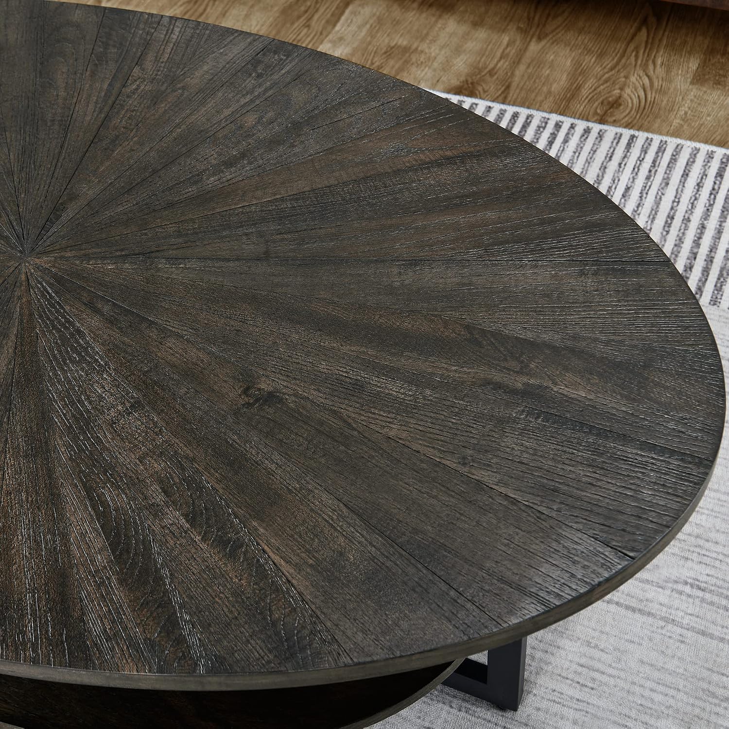 Oval Coffee Table with Cross Metal Leg, 43.3” Farmhouse Sofa Center Table with Storage Shelf, Solid Wood Living Room Cocktail Table with Umbrella Shaped Top, Rustic Black KFZ1811BK
