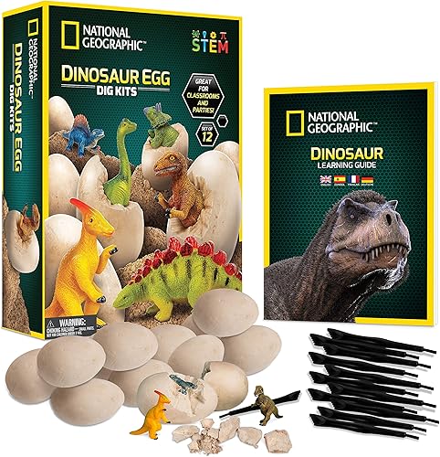 NATIONAL GEOGRAPHIC Kit de excavación de dinosaurios, 12 ladrillos de excavación en forma de dinosaurio con figuras de dinosaurio en el interior, 12
