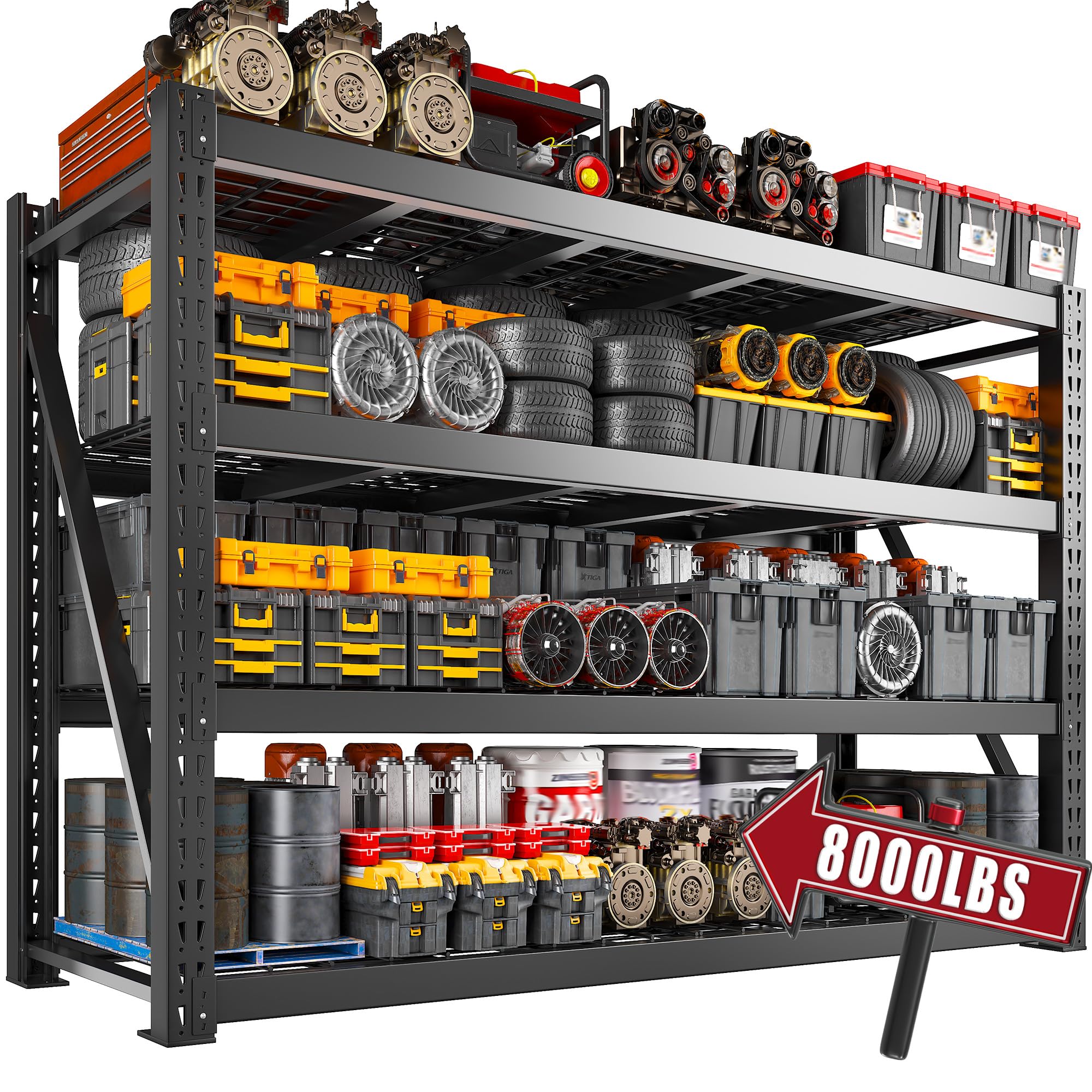 Bepatio 8000LBS Garage Shelving Heavy Duty,77" W Industrial Storage Shelves 4 Tier Adjustable Shelves,Metal Shelving Unit, Storage Shelving for Basement Warehouse Commercial,77" W*24" D*72”H,Black