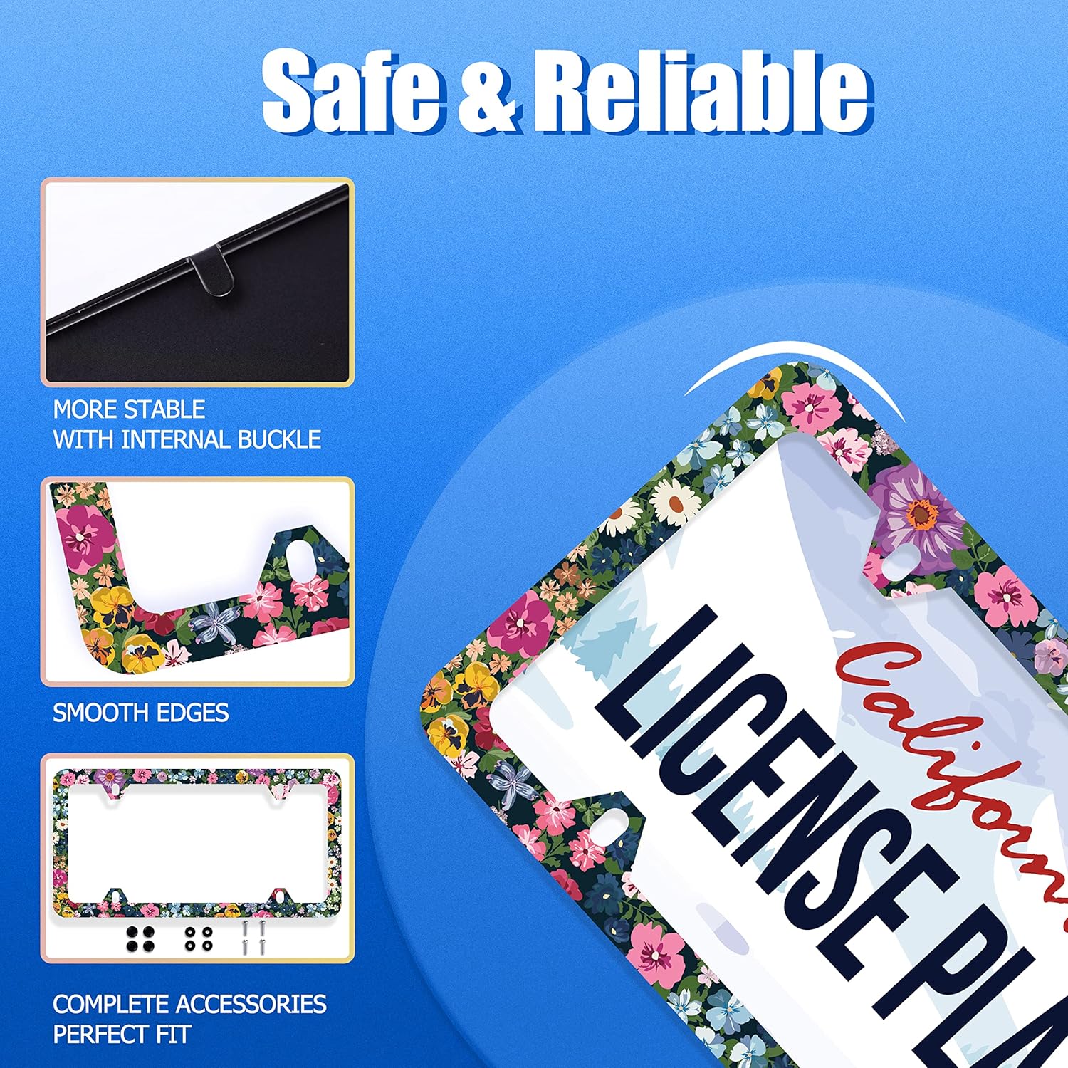 【2Pcs】 Watercolor Flowers Floral License Plate Frame Cute Daisy Blossoms License Plate Stainless Steel Car Accessory Personalize Colorful License Plate Screws Decorative 12.3" X 6.3"