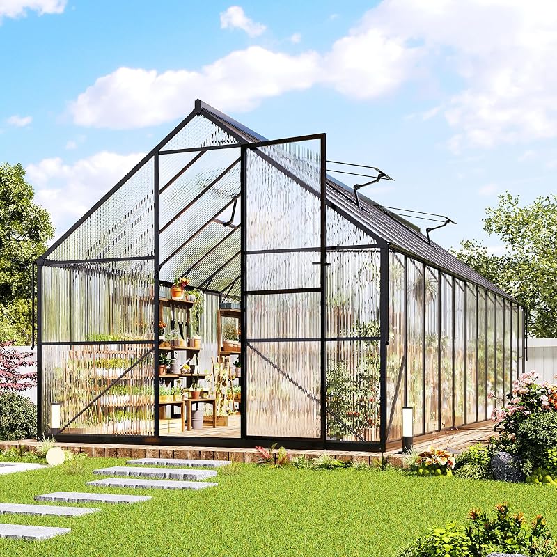 Jocisland 8x24FT Polycarbonate Greenhouse | Heavy-Duty Aluminum Frame: Features 2 ventilation windows and swing doors for durable, well-ventilated backyard gardening