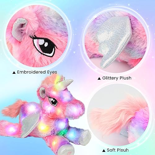 Vista 52 de Hopearl Unicornio adorable de peluche con luces LED, flexible, con luces de noche que brillan en la oscuridad, para festival, cumpleaños, niños