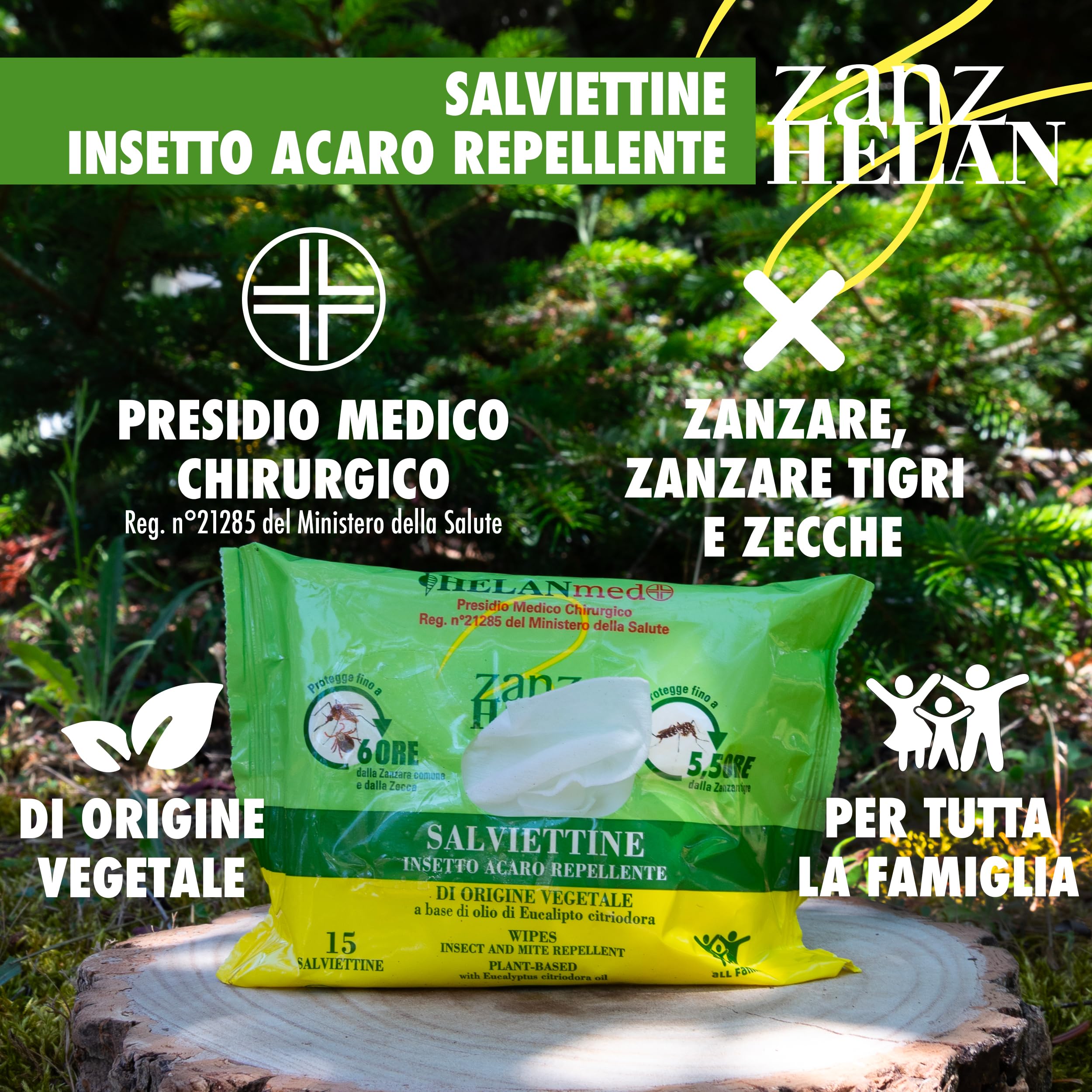 Helan Med Zanzhelan - Salviette Umidificate Antizanzare Bambini Adulti 100% Cotone Bio, Anti Zanzare con Olio di Neem, 15 Salviettine Repellente Zanzare Zecche Fino a 6 Ore, Presidio Medico Chirurgico