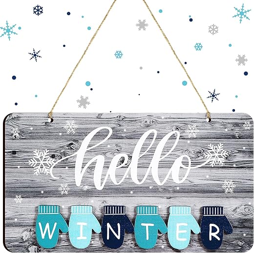 Hello Fall Winter Summer Spring Sign Rustic Wood Decor Farmhouse Wall Hanging Plaque Filleted Corner Wooden Sign for Home Bathroom Indoor Outdoor, 10 x 5.5 Inch(Glove Style,White)