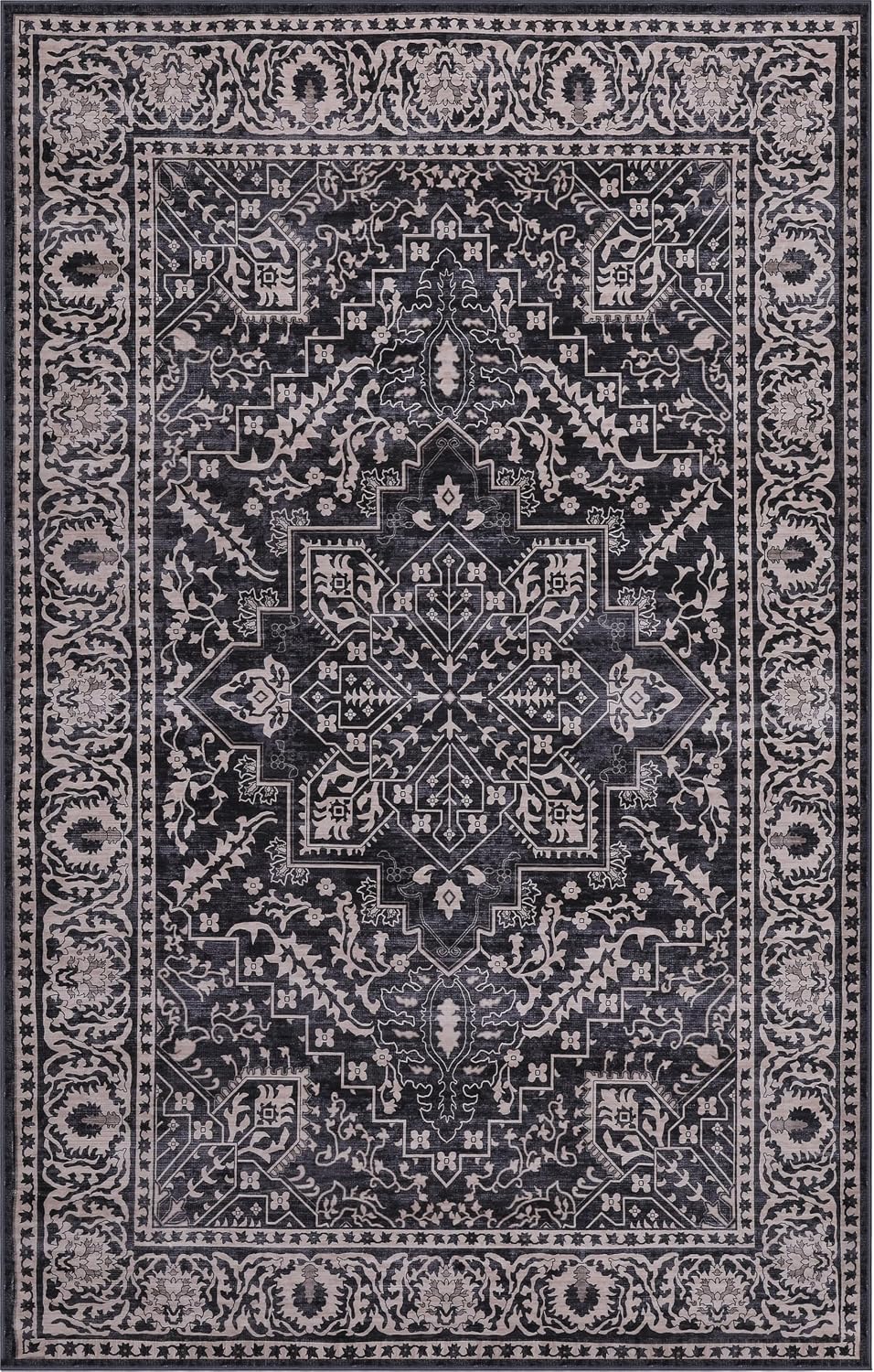 JONATHAN Y Ultra-Soft Machine-Washable Rug with Non-Skid Backing, Dark Gray/Multi 5'x8' Eleanor Vintage Medallion Border, Non-Shedding, Velvet Luxury Feel for Living Room, Dining Room, Bedroom