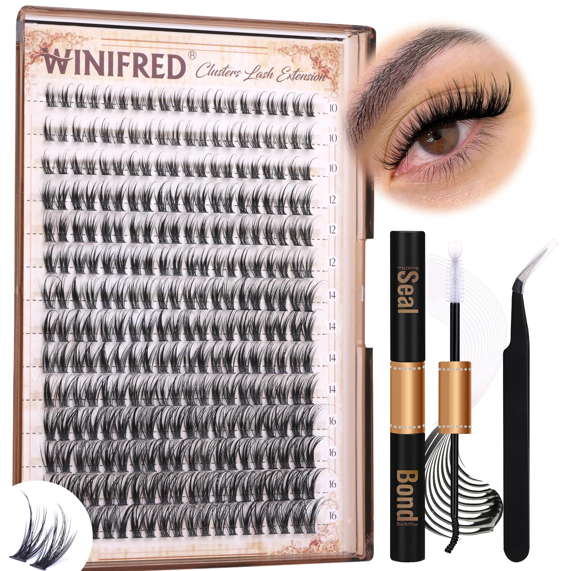 Winifred Lash Clusters Kit Wispy Lashes Clusters Eyelash Extensions Kit Natural Individual Lashes C Curl DIY Lash Extension Kit with Lash Bond and Seal Wispy Manga Lash Kit (280pcs,16mm)