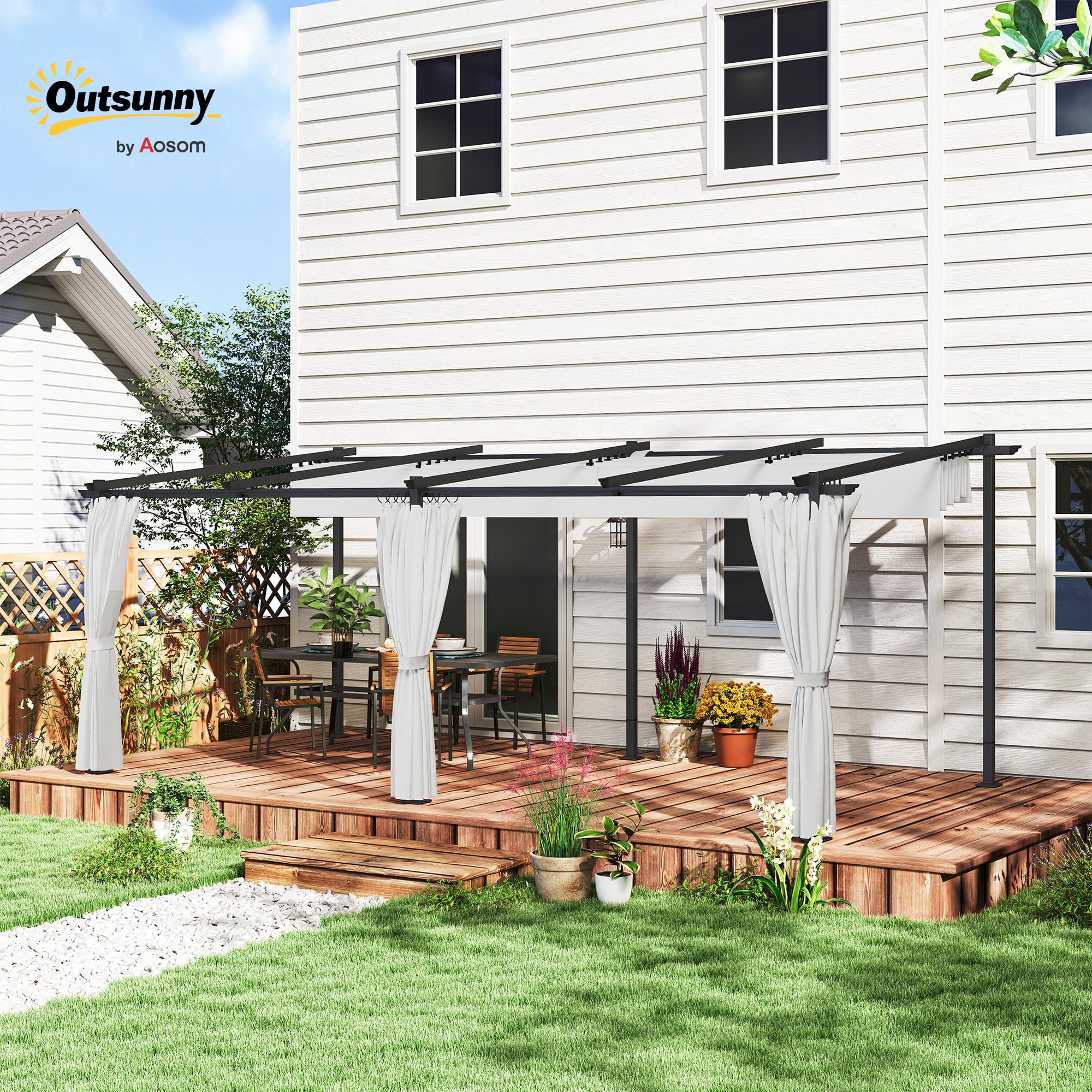 Outsunny Pergola rétractable 3 x 6 m avec Rideaux latéraux, tonnelle de Jardin en métal avec Protection Solaire UPF30+, abri pour terrasse, Patio, Gris Clair