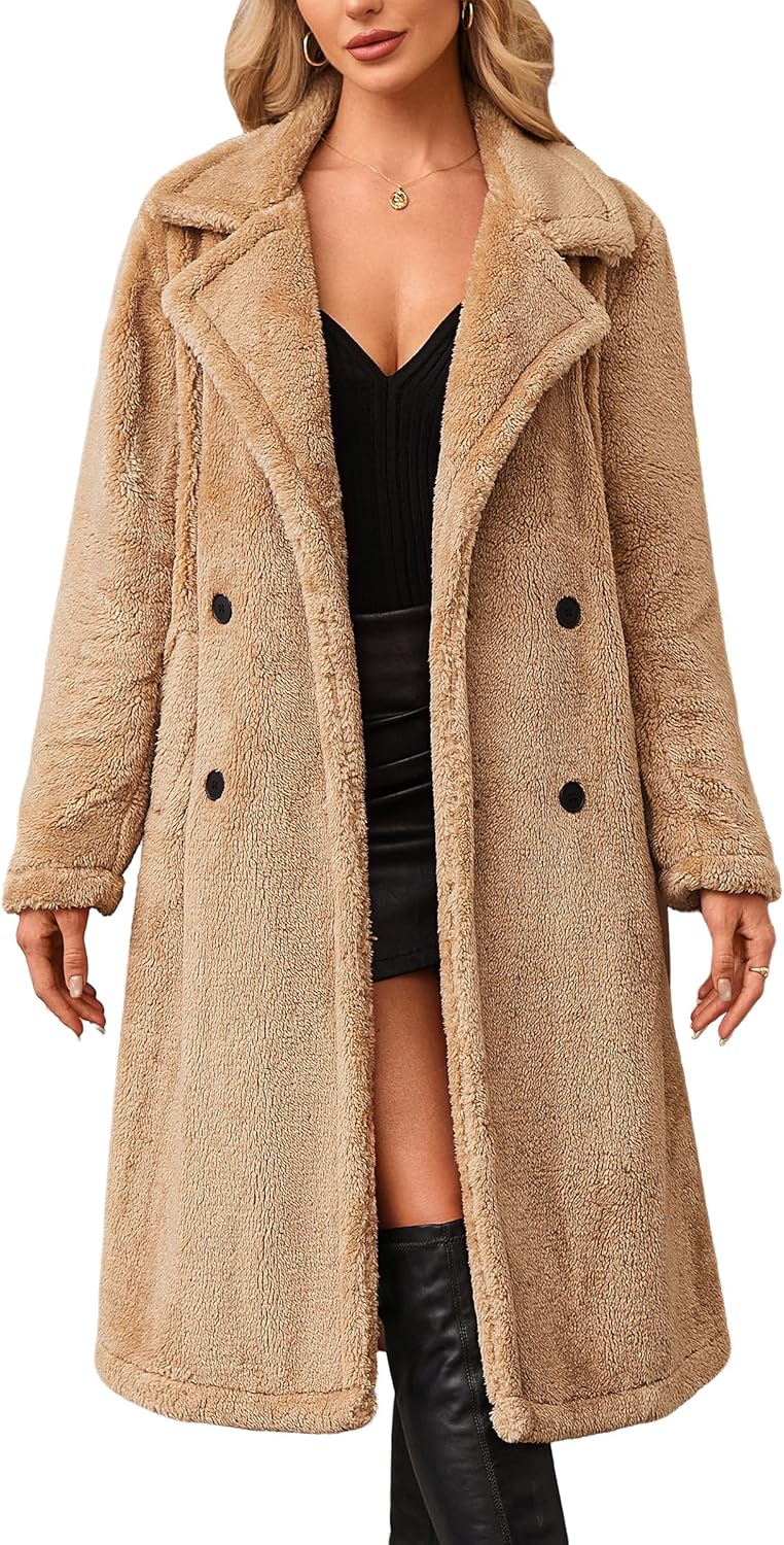 Angashion Women's Fuzzy Fleece Lapel Open Front Long Cardigan Coat Faux Fur Warm Winter Outwear Jackets