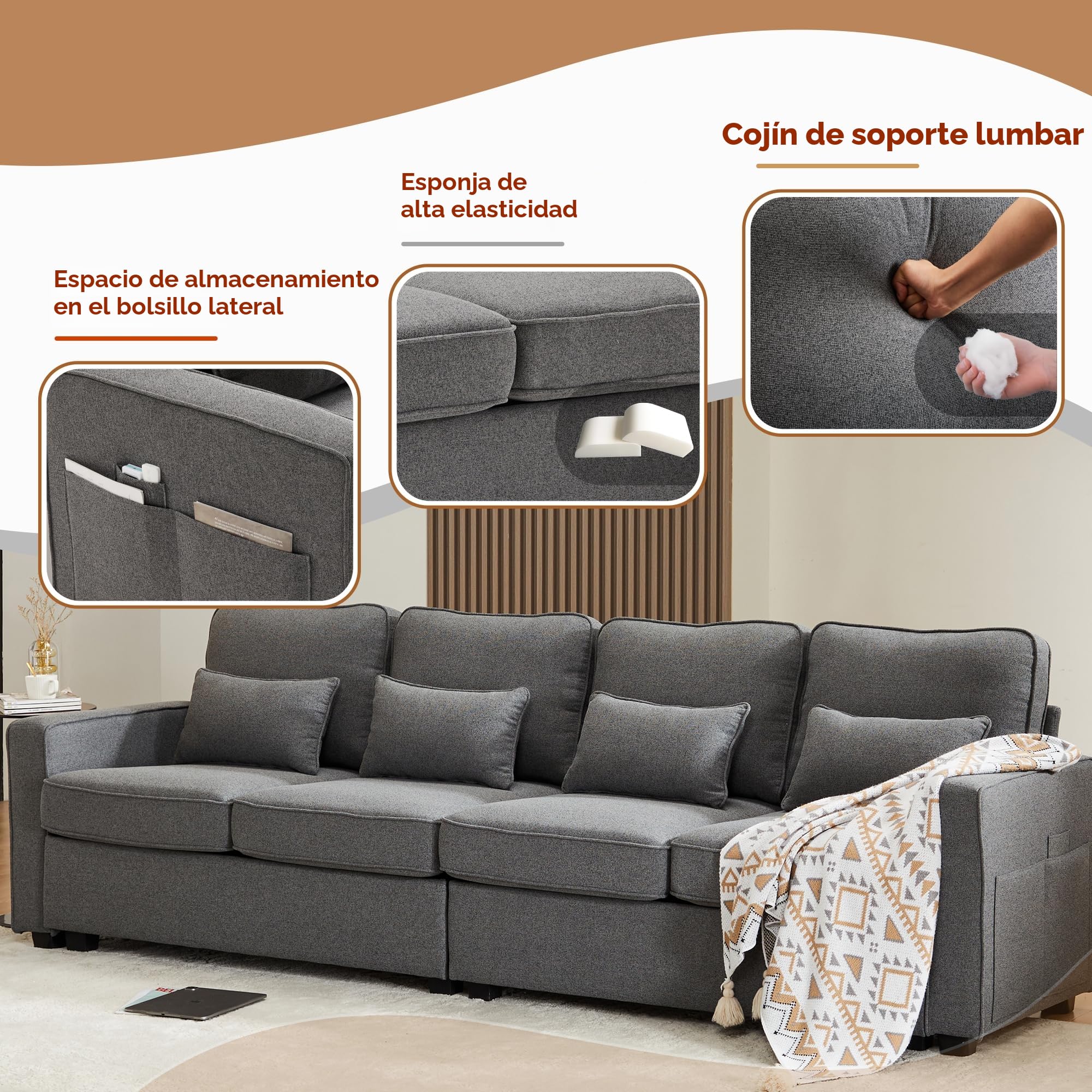 Soweiz Sofá moderno de 4 plazas de tela de lino, sofá de cuatro plazas con bolsillos para reposabrazos y 4 almohadas, estilo simple, adecuado para salón, apartamento, oficina, 3 opciones de color