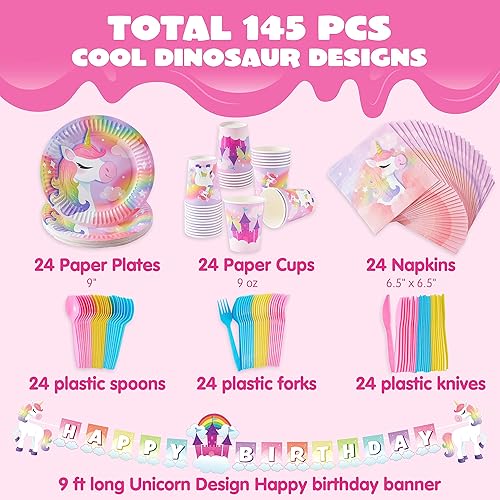 Miniatura 2 de JOYIN 145 piezas de suministros de fiesta de cumpleaños de unicornio con pancarta de unicornio para niñas, juego de vajilla desechable de unicornio