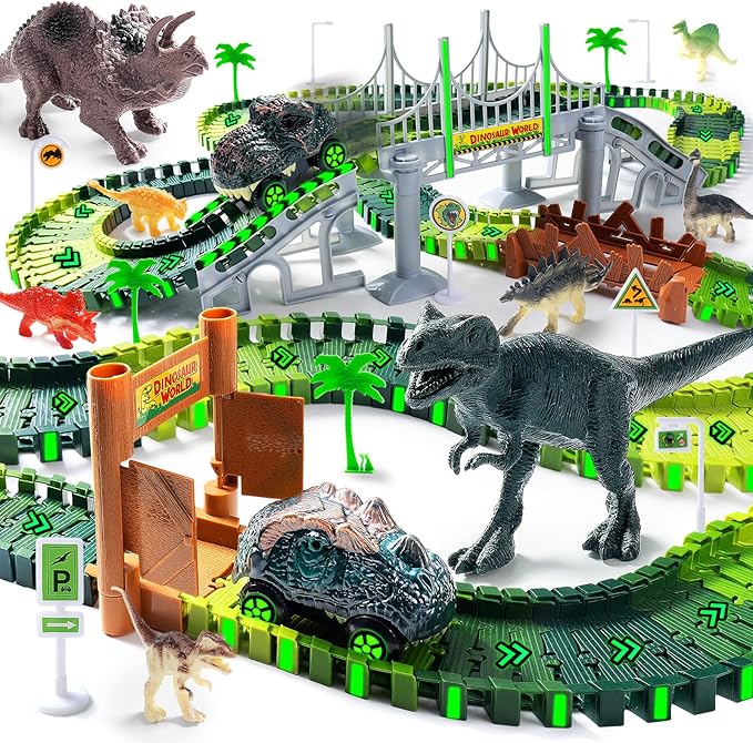 218 PCS Race Tracks Dinosaur Toys for Kids 3-5, Glow in The Dark Magic Toy Set, 2 Dinosaur Cars Track, Flexible DIY Track Set, Birthday Gift for Age 3-9 Boys Toddler Girls