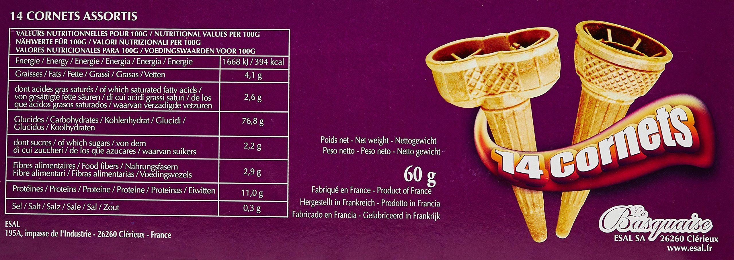 La Basquaise Assortiment de 14 Cornets de Glace 9 simples et 5 Doubles 60g