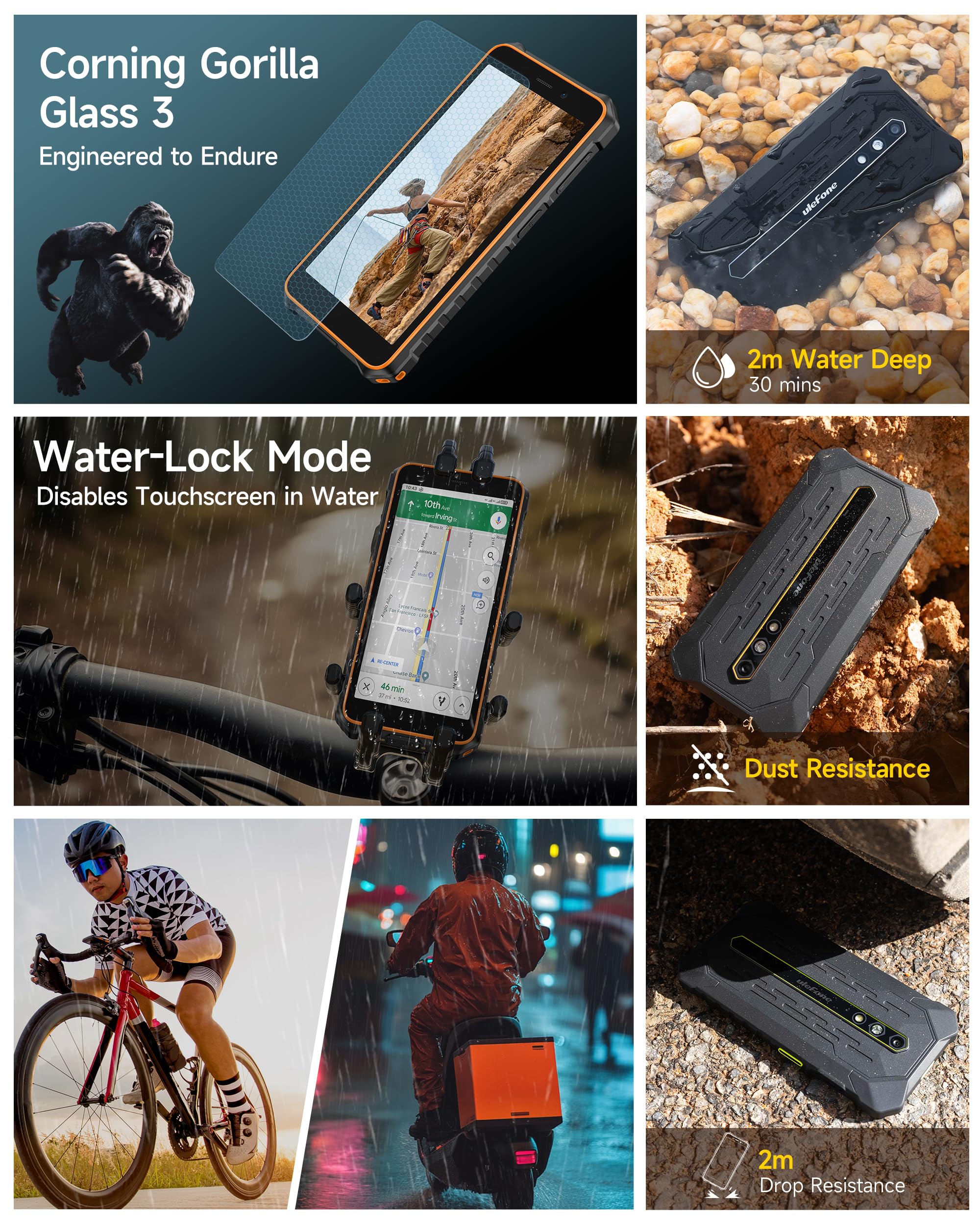 Ulefone RUGKING 2 Pro Téléphone incassable Android 16, Octa-Core 8Go+64Go/TF-2To, 5.45'' Corning Glas, AI Smartphone Robustes 4550mAh, 13MP, Telephone de Chantier 4G Dual Sim/NFC/IP68/OTG/GPS - Noir