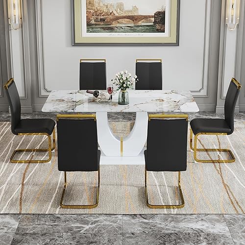 Miniatura 47 de JUFU Juego de Mesa de Comedor para 6, Mesa de Mármol Sintético y Juego de Sillas de 6, Juego de Mesa de Comedor Moderno para 6, Juego de Mesa de