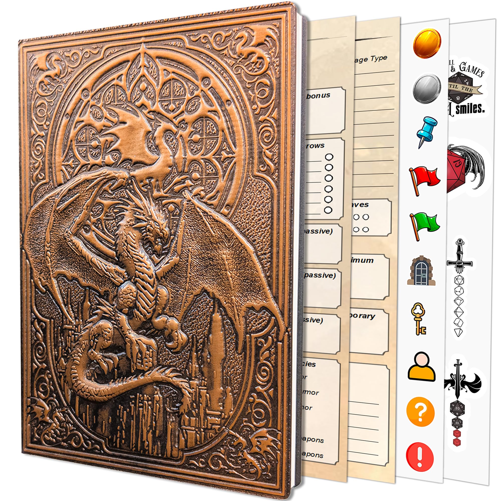DnD Journal | Taccuino di D&D con copertina rigida in rilievo con drago 3D | Diario dei personaggi DnD e tracker della campagna | 150+ adesivi DnD inclusi | Fogli di personaggi D&D | Regali DND,