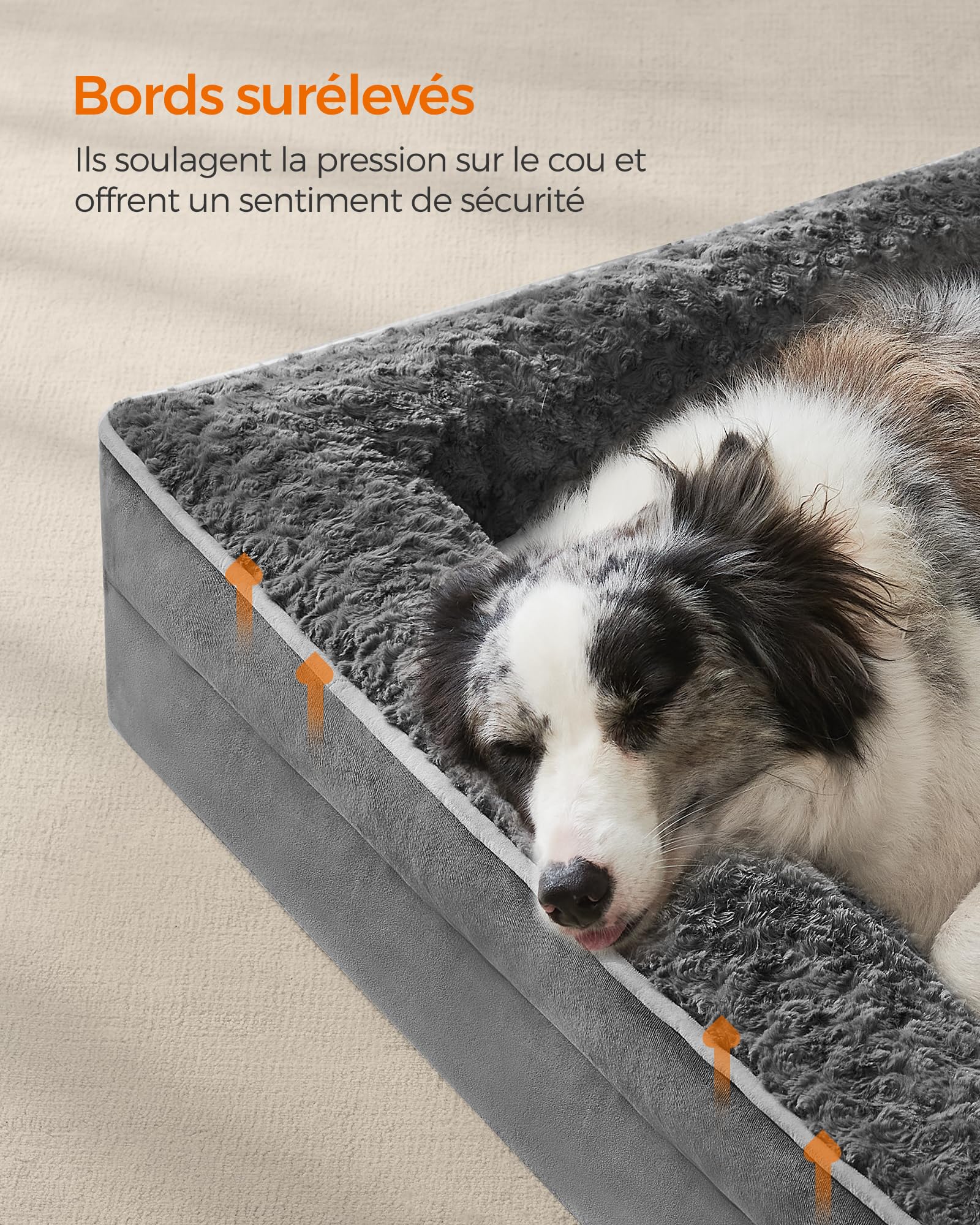 Feandrea Panier pour Chien, Lit pour Animal, Orthopédique, Mousse Alvéolée, Bords Surélevés Rembourrés, Housse Amovible en Tissu Peluche aux Motifs Roses, 106 x 76 x 16 cm, Gris Ardoise PGW253G02