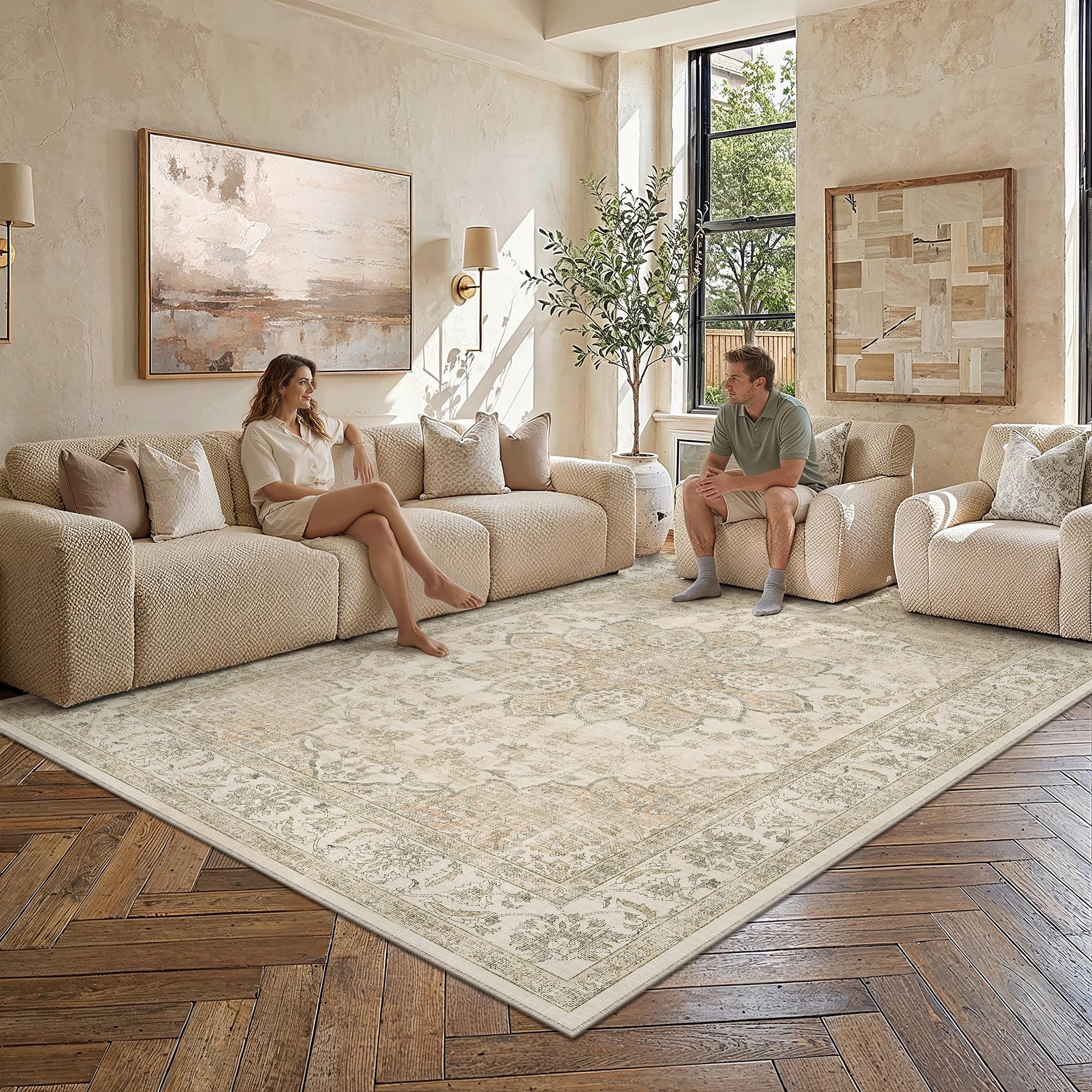 PureCozy Beige Teppich Wohnzimmer 160x230cm Vintage Wohnzimmerteppich Waschbarer rutschfest Weich Groß Carpet Teppiche Schlafzimmer Esszimmer Büro Kurzflor Tepich Rug | Rutschfest, Vintage, groß, Teppich, Schlafzimmer, Bettfuß, Wohnzimmer, Esszimmer, Tepp