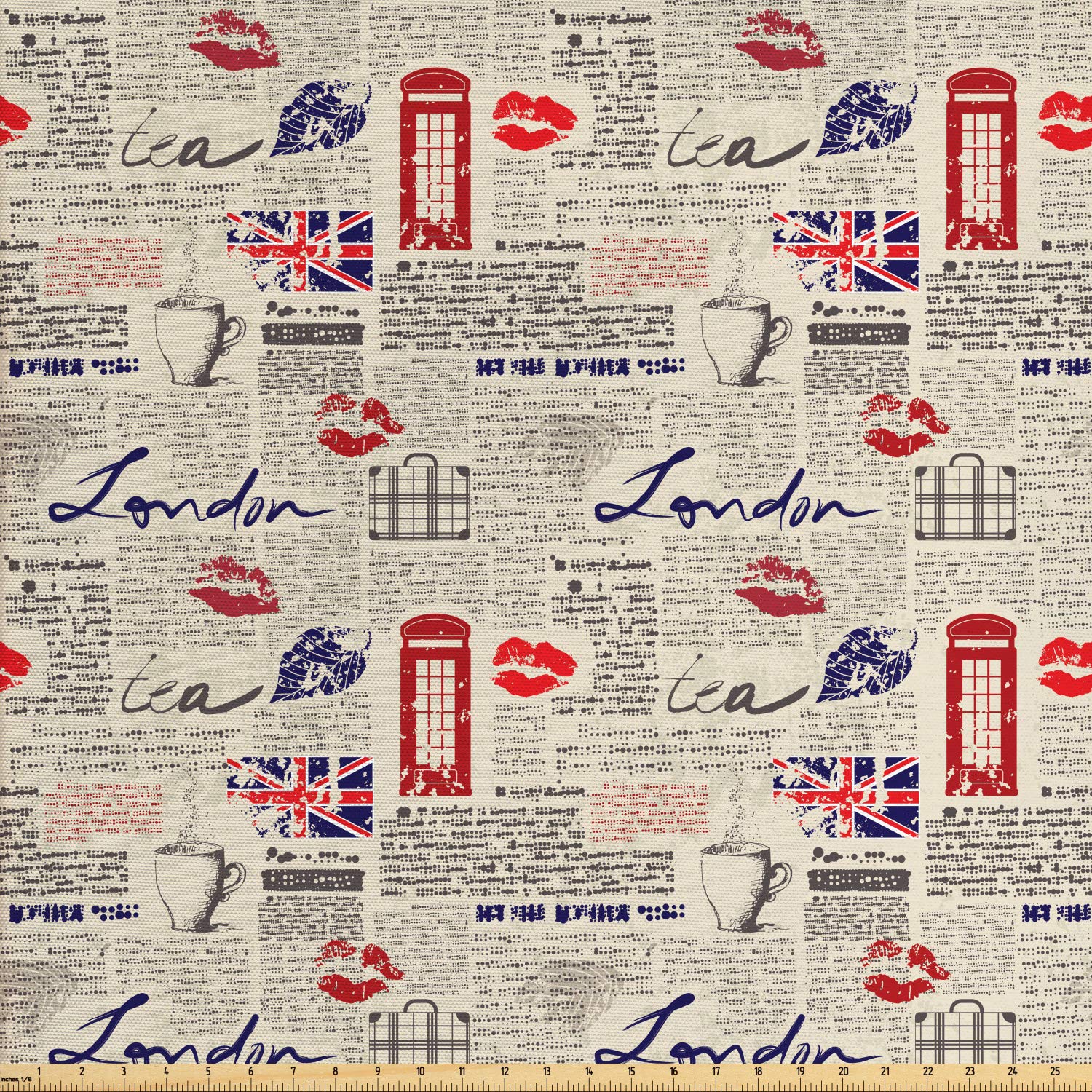 AmbesonneTea Party Fabric by The Yard, London Newspaper Inspired Background with Grunge Elements Kiss Marks, Decorative Fabric for Upholstery and Home Accents, 3 Yards, Dark Night Blue