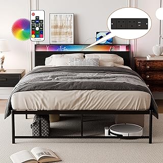 BEXEVUE 4ft6 Double Bed Frame with Power Outlets & LED Strip - Double Solid Vintage Iron Platform Bed, Ergonomic Storage Headboard, Modern Design High Footboard Large Space Living Room Bedroom Home