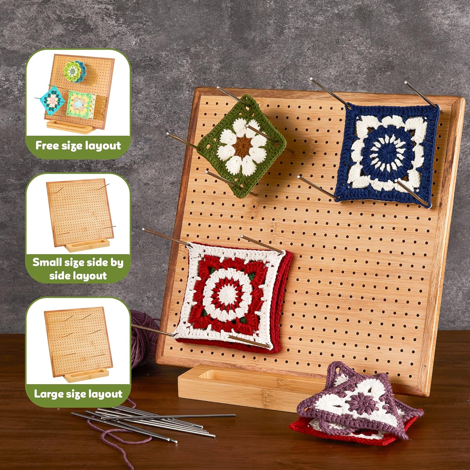 11.8" Crochet Blocking Board with 20 Pegs Pins, Granny Square Blocking Board for Crochet Projects, Bamboo Blocking Boards for Crocheting and Knitting, Wooden Gifts for Crocheter