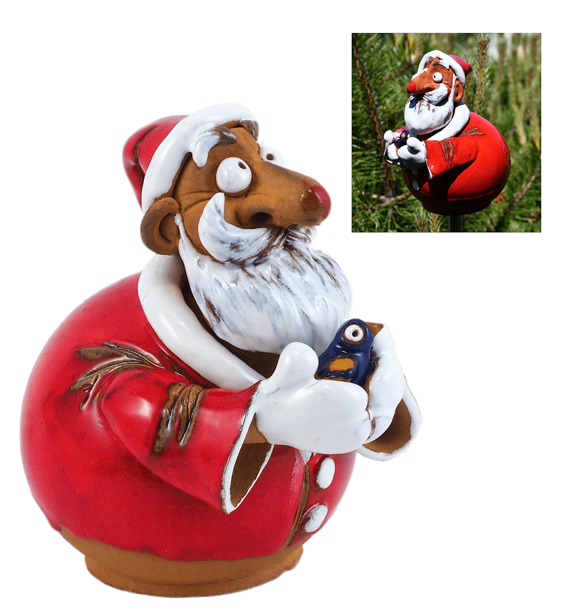 Decoration Jardin Exterieur Statue en Céramique - Deco Extérieur - Figurines pour Jardin - Faite à la Main, Résistant au Gel, Cadeau Unique pour Les jardiniers - Père Noël et l'oiseau