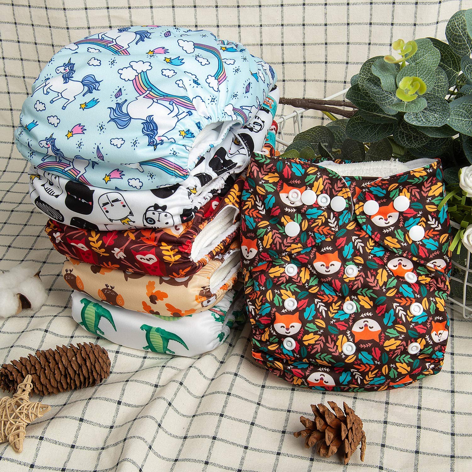 ALVABABY Lot de 6 Couches réutilisables lavables en tissu + 12 inserts - 5