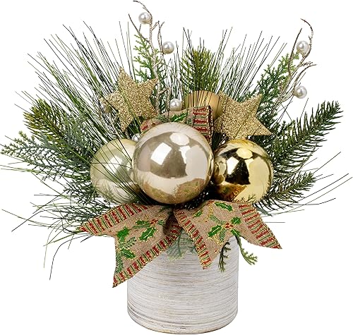 Miniatura 1 de Hollyone Pequeño árbol de Navidad artificial de 10 pulgadas, decoración de plantas en maceta con adornos de bolas doradas de Navidad para el hogar,