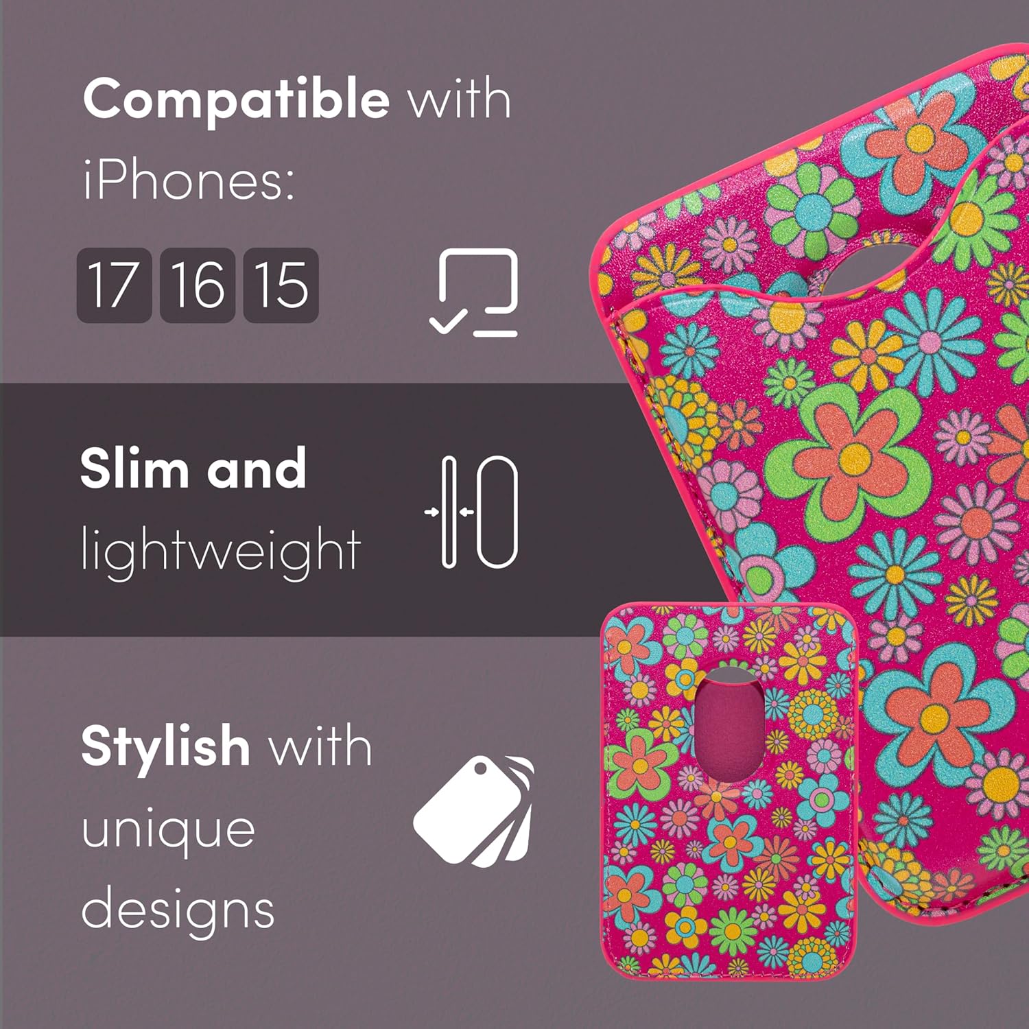 XO Poppy Magnetic Card Holder highlighting compatibility with iPhone 15, 16, 17 and its slim, lightweight design.