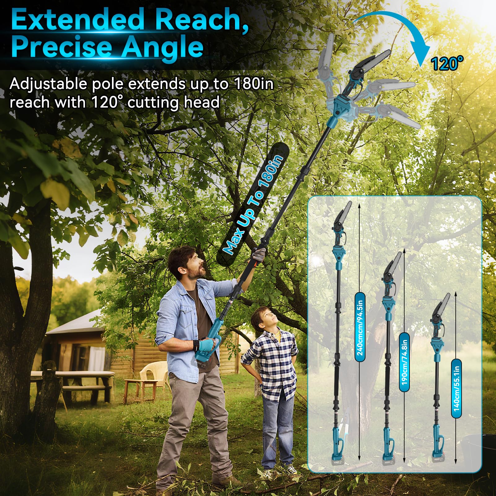 2-in-1 8-Zoll Teleskop-Astsäge bürstenlos Kompatibel mit Makita 18V Akku | Teleskop-Kettensäge, 50 ml Öltank, Arbeitsreichweite 4 m für Baum- und Astschnitt sowie Gartenpflege, ohne Akku
