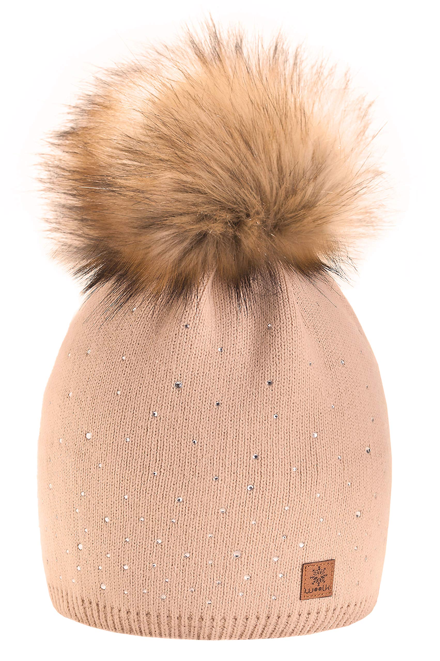 Mfaz Morefaz Ltd Women's Beige Morefaz Winter Beanie Hat Wool Knitted With Small Crystals Large Pom Pom Cap Ski Snowboard Hats Mfaz Ltd (Beige)