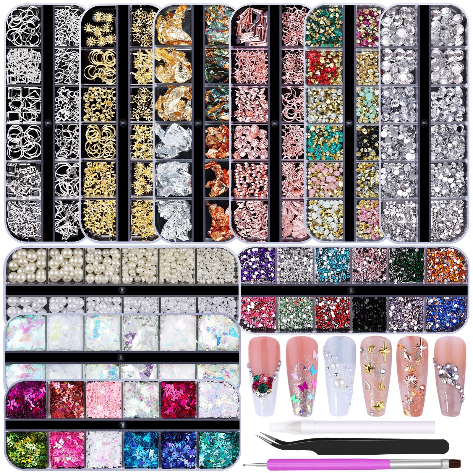 10 Boxes Nail Art Kit - 12 Colors Pointed Flatback Rhinestones 3D Gold Silver Rose Nail Studs White