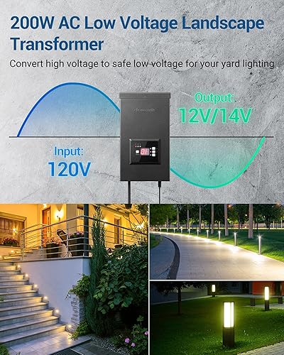 Miniatura 2 de DEWENWILS Transformador de bajo voltaje de 200 W con 3 salidas de control independientes, transformador de paisaje con temporizador y sensor de