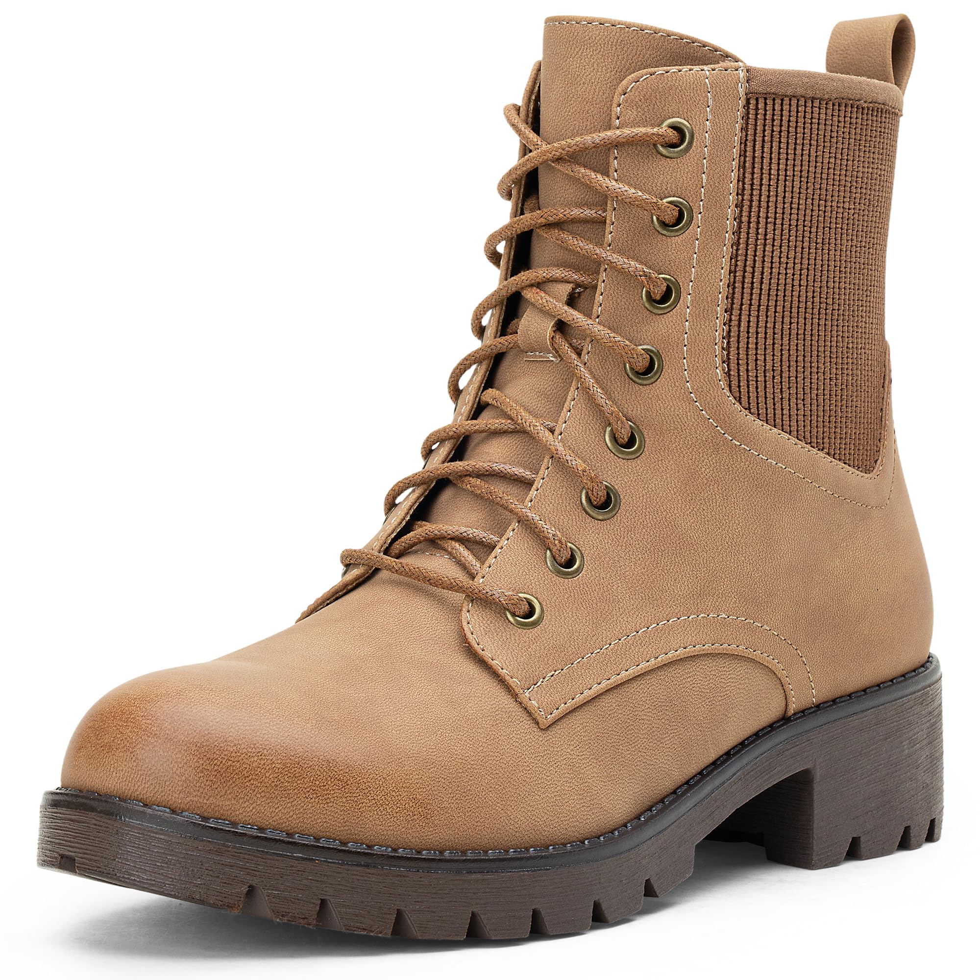 Vepose Women's Lace Up Combat Ankle Boots with Zipper and Lug Sole