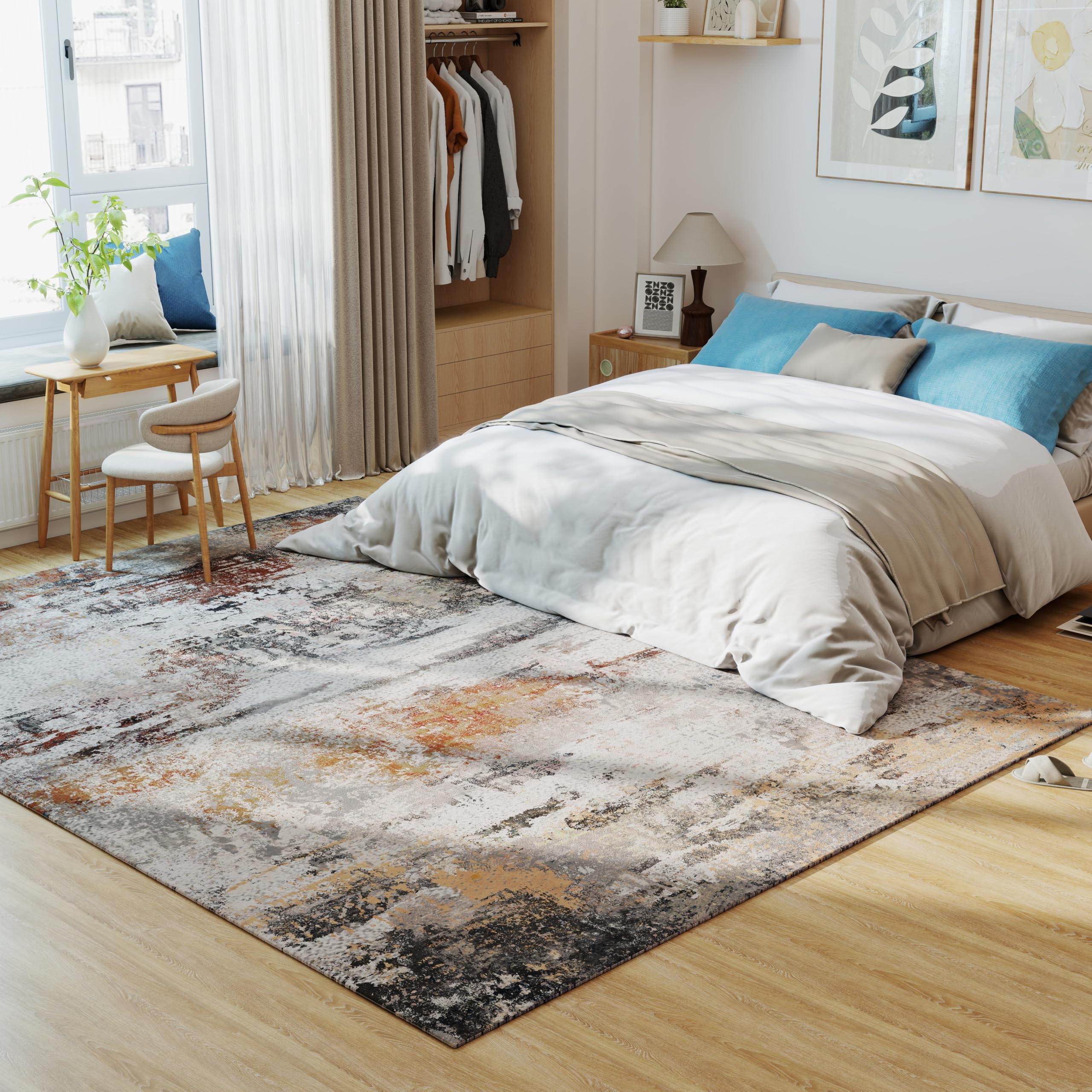 Teppich Wohnzimmer, Großer Teppich 160x230 Waschbar Kurzflor rutschfest Weich, Moderner Abstraktem Muster Teppiche für Schlafzimmer Kinderzimmer Büro Esszimmer, Grau Rost Beige