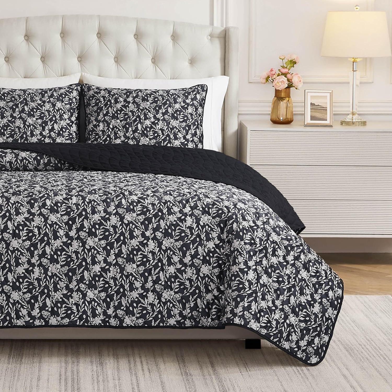 BCBG Floral Vanna Velvet Black 3-Piece Quilt Set, King