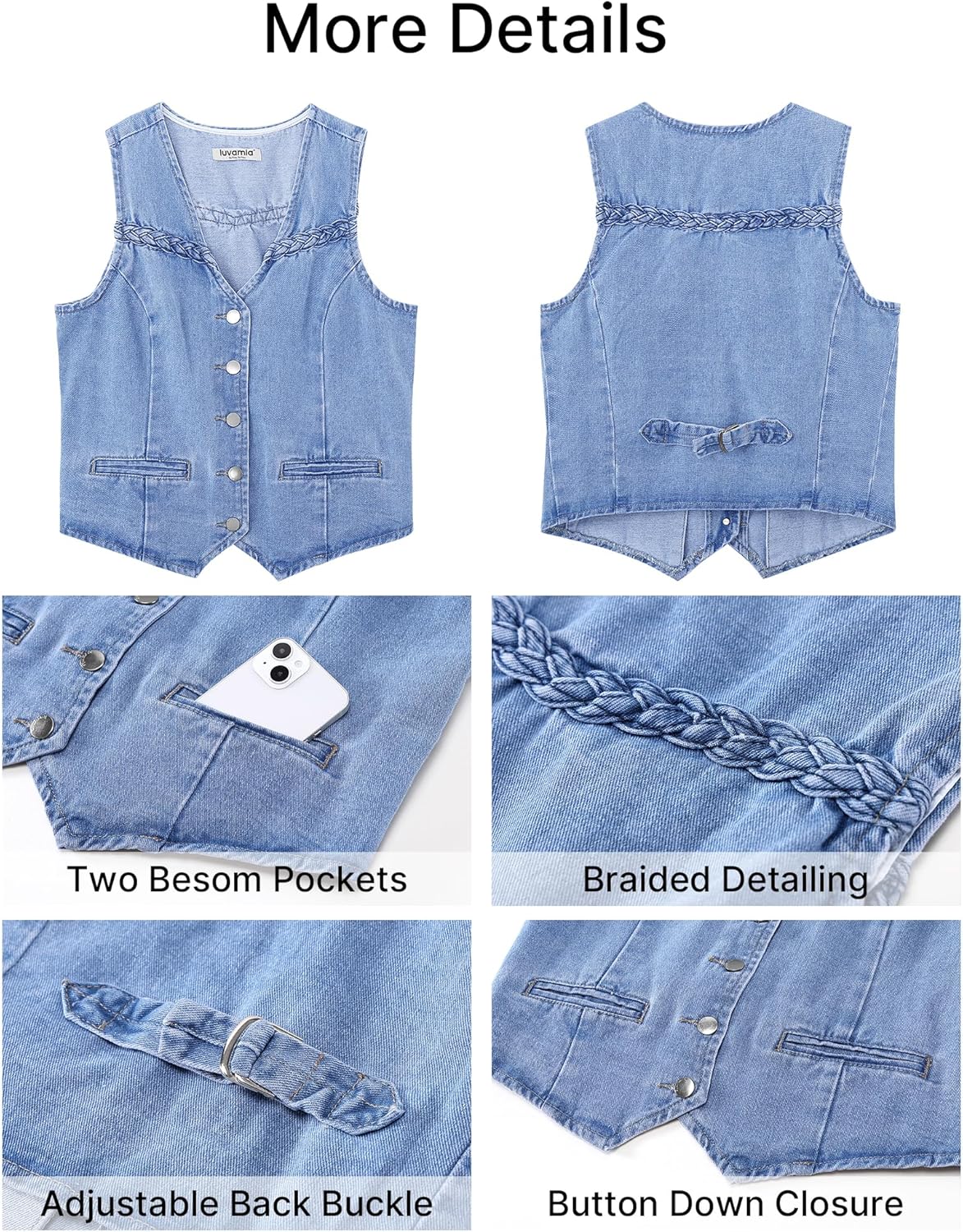 luvamia Denim Vest Women Trendy Button Down Braided Adjustable Waist Western Casual Sleeveless Jean Waistcoat Vests Top - Image 6