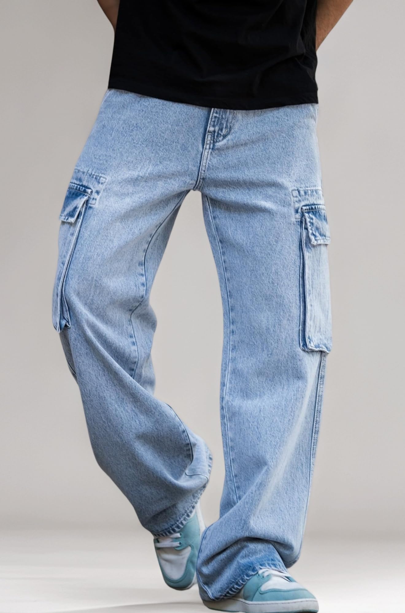 Mens Solid Baggy Graphite Denim Fabric Cargo Jean