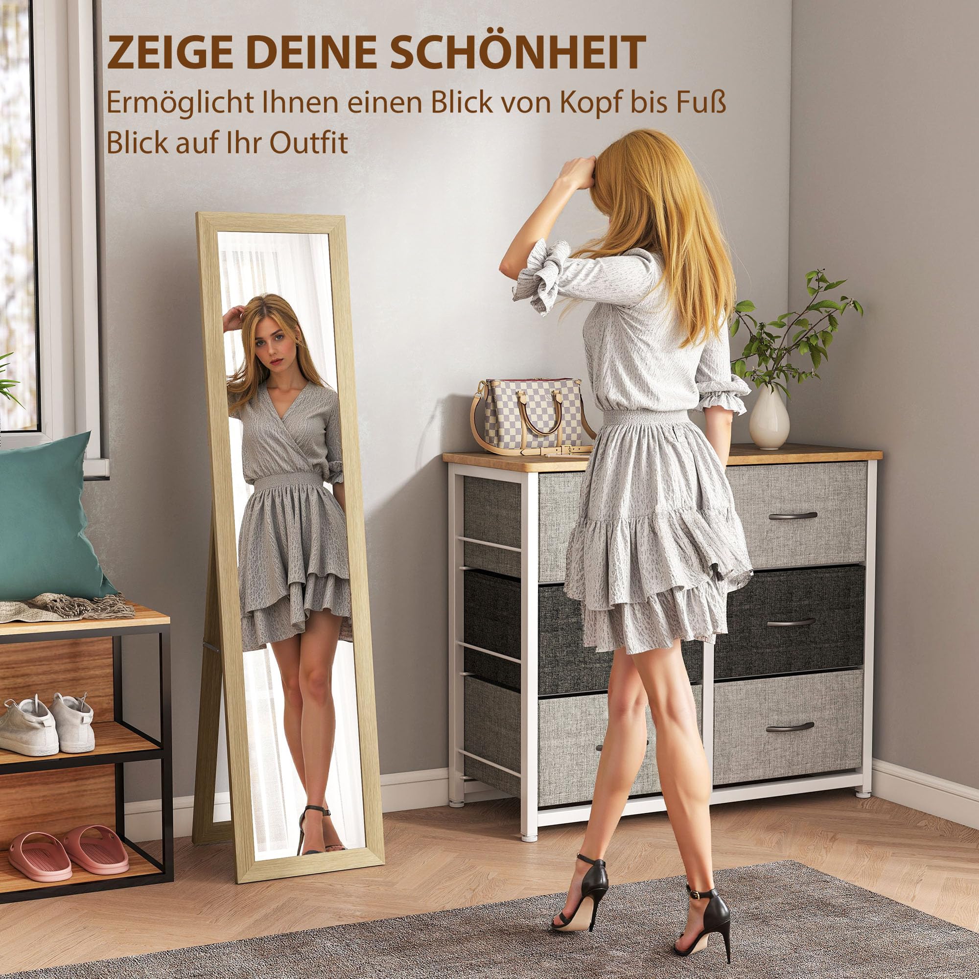 HOMCOM Miroir sur Pied Complet avec Support - Miroir Mural autoportant avec Aspect Bois - Miroir de Dressing - pour Chambre à Coucher, Couloir - Chêne - 37 x 157 cm