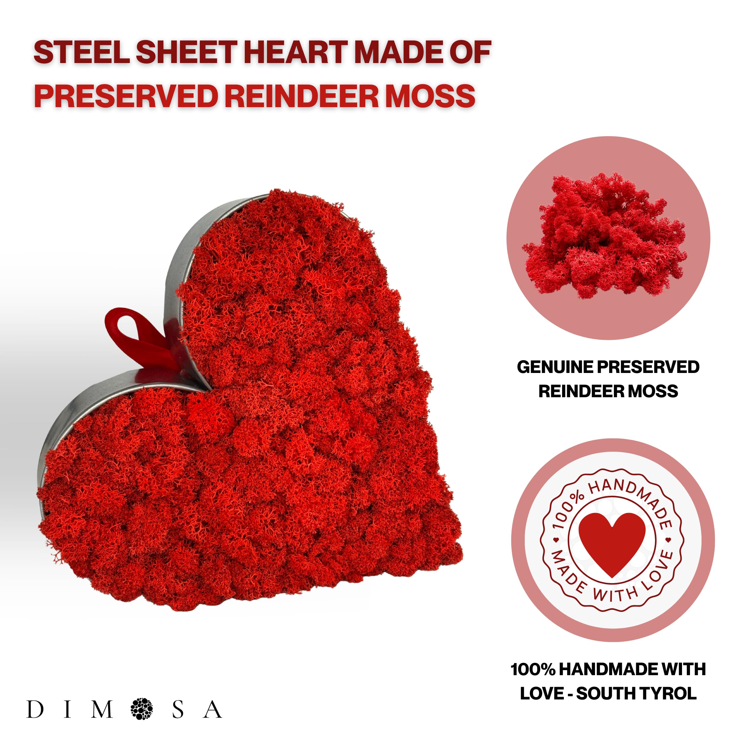 DIMOSA Herz „Red Passion“ aus Stahlblech & echtem Rentiermoos. Perfekt für Valentinstag, Hochzeit, Jahrestag, Muttertag oder als liebevolles Wohnaccessoire