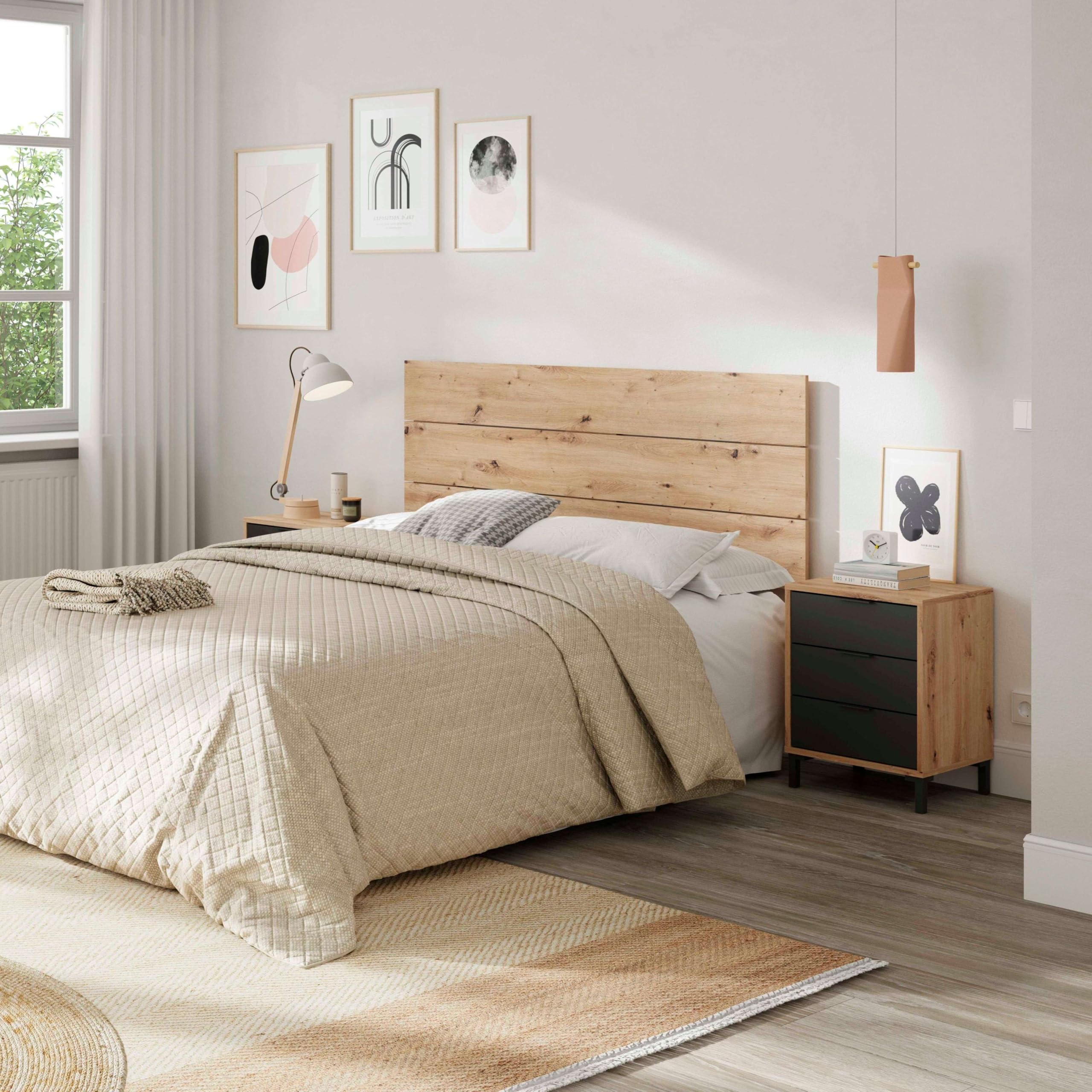 Testina + 2 comodini di notte, testiera per letto matrimoniale, modello Enzo, finitura in rovere Nodi e grigio antracite, Dimensioni: 160 cm (larghezza) x 60 cm (altezza) x 2,5 cm (profondità)