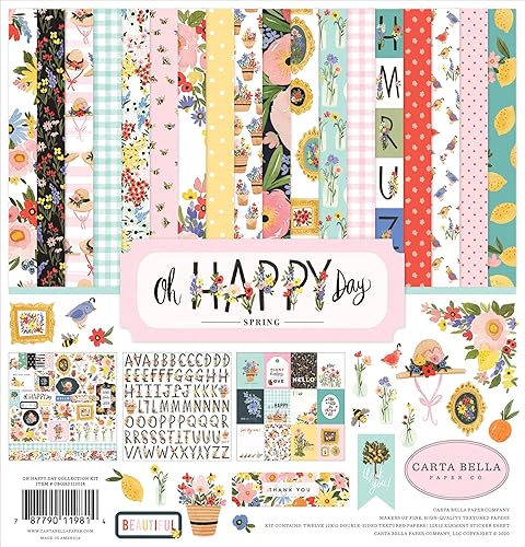 Carta Bella Paper Company Oh Happy Day Collection Kit de papel, amarillo, verde azulado, azul, azul marino, verde, rojo, 12 x 12 pulgadas